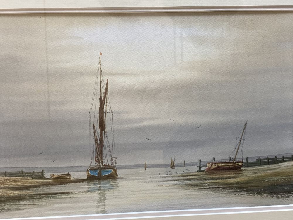 Alan Whitehead, three watercolours, Brick Wharves near Milton, Funton Moorings and Evening by the River Deben, all signed, 22.5 x 34.5c